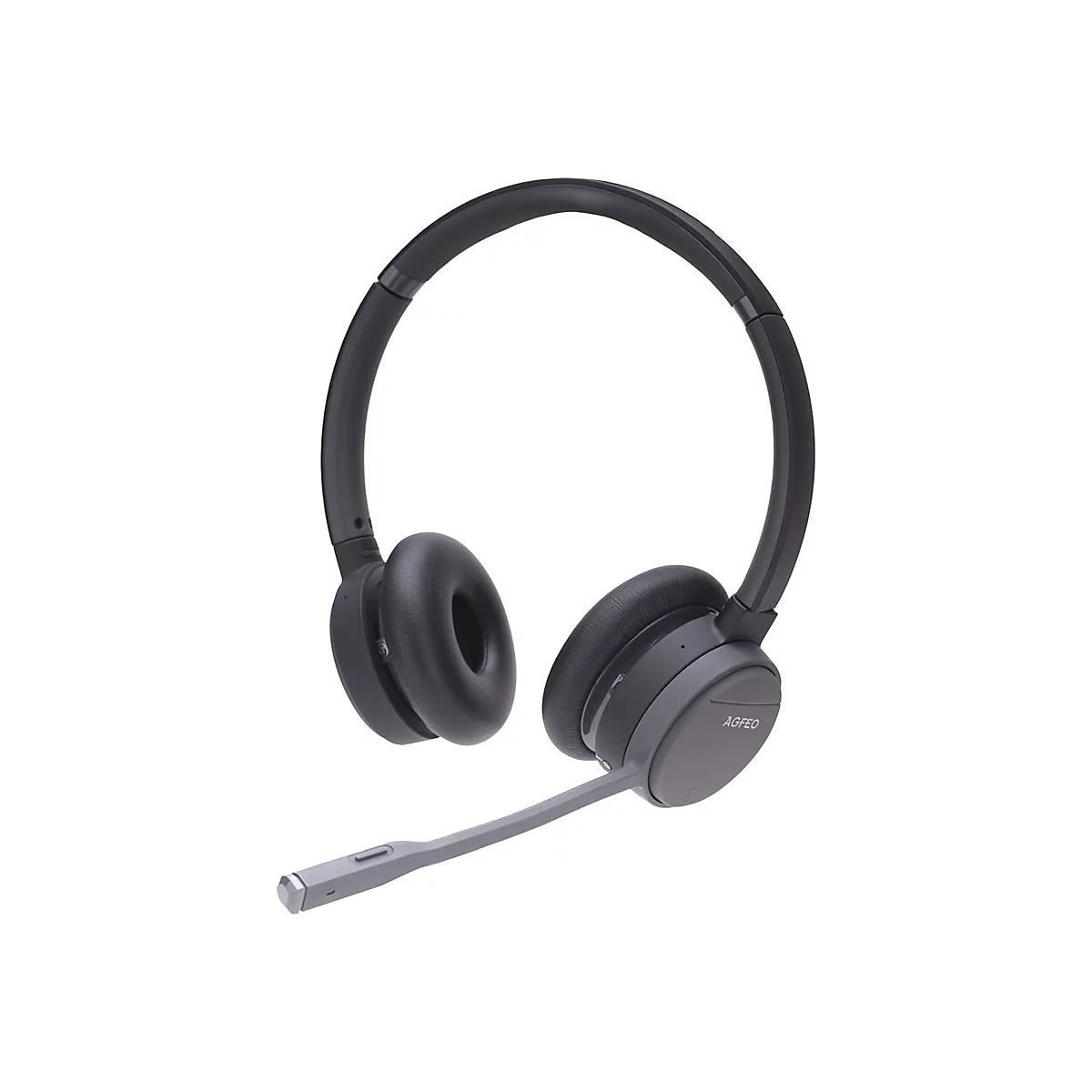 Schwarzes AGFEO Headset mit Mikrofonarm vor weißem Hintergrund.