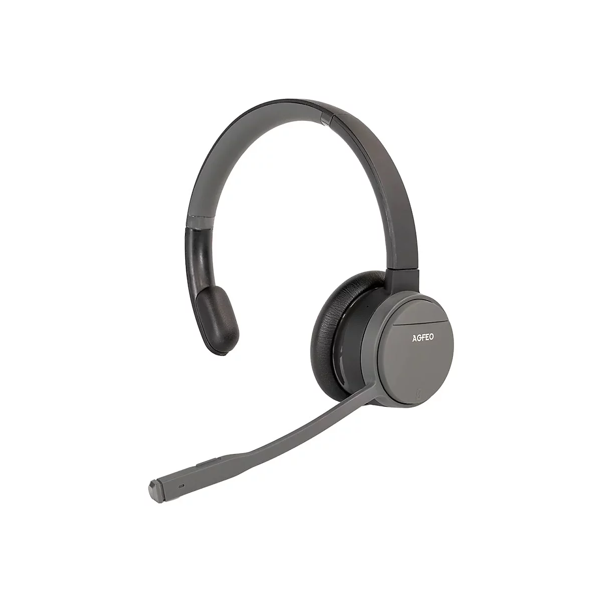 Graues AGFEO On-Ear Headset mit einem Mikrofonarm vor weißem Hintergrund.