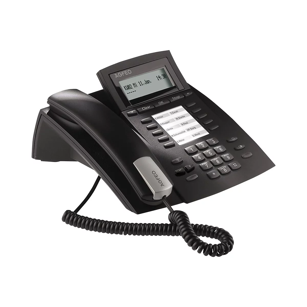 Schwarzes Agfeo Tischtelefon mit Display, Tastenfeld und abgenommenem Hörer vor weißem Hintergrund.