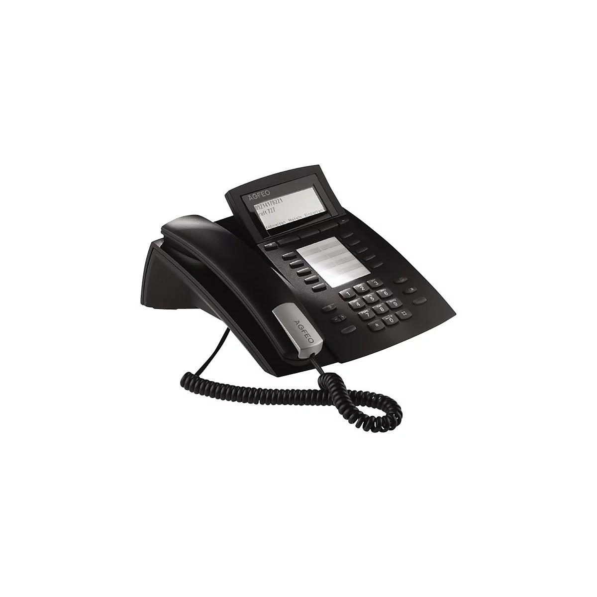 Schwarzes AGFEO IP-Telefon mit Display, Tastenfeld und Hörer auf weißem Hintergrund.