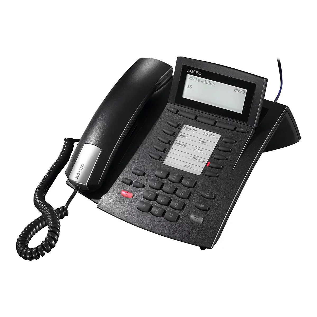 Schwarzes AGFEO IP-Telefon mit Hörer, Display und nummerischem Tastenfeld vor weißem Hintergrund.