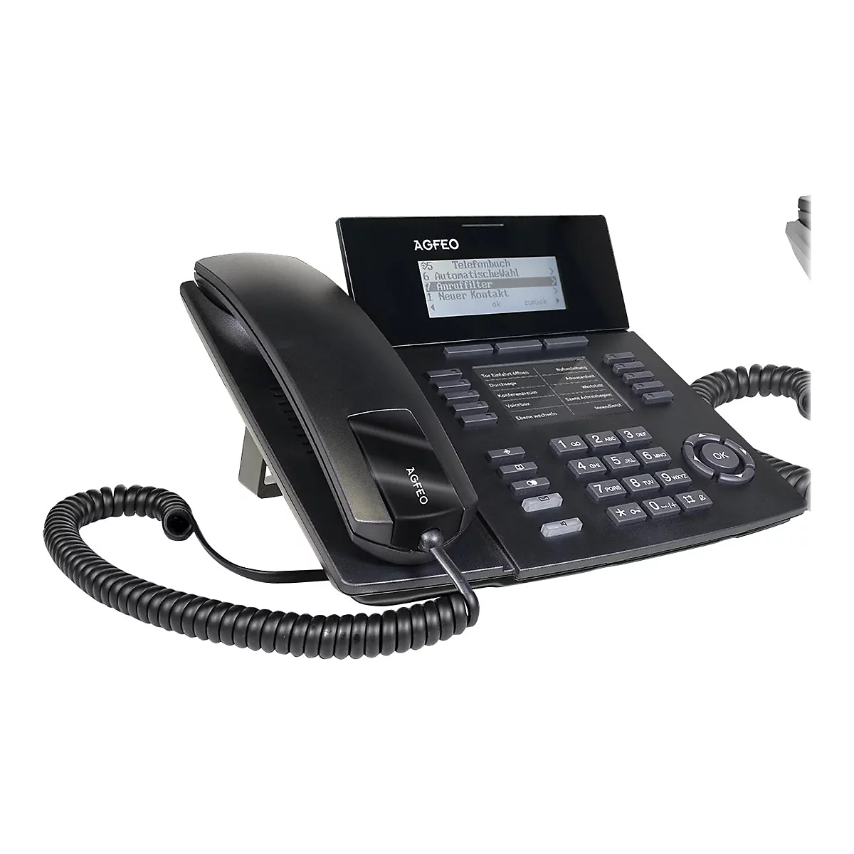 Schwarzes Telefon mit groÃŸem Display und Tastatur. Das Display zeigt MenÃ¼punkte.