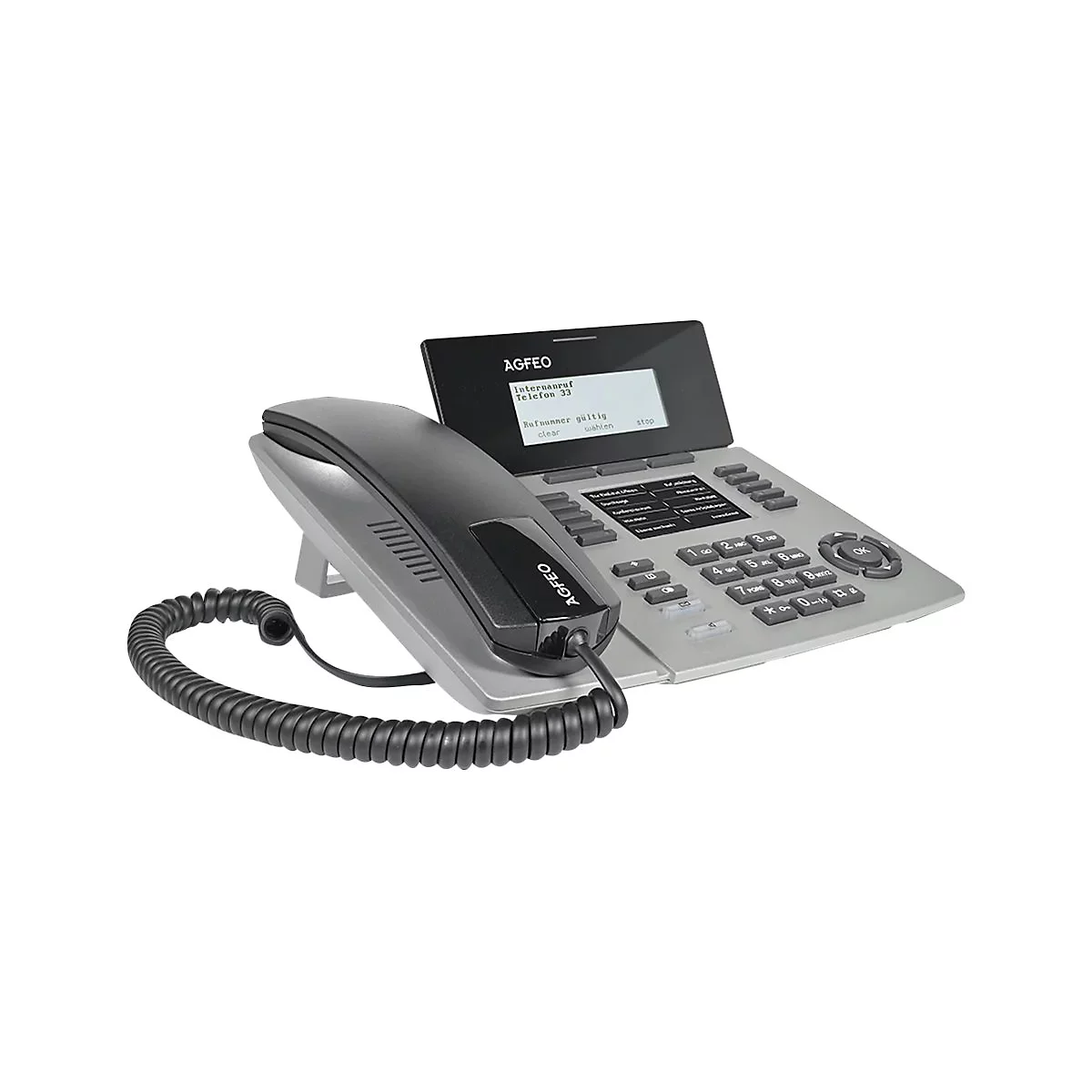 Graues AGFEO Systemtelefon mit schwarzem Hörer und Display vor neutralem Hintergrund.