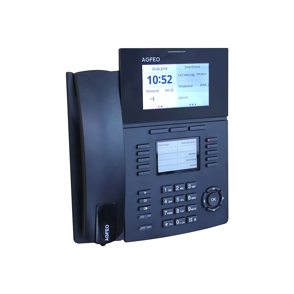 Schwarzes Agfeo IP-Telefon mit Touchscreen, Tastatur, Hörer und Statusanzeige für Smart-Home-Funktionen.