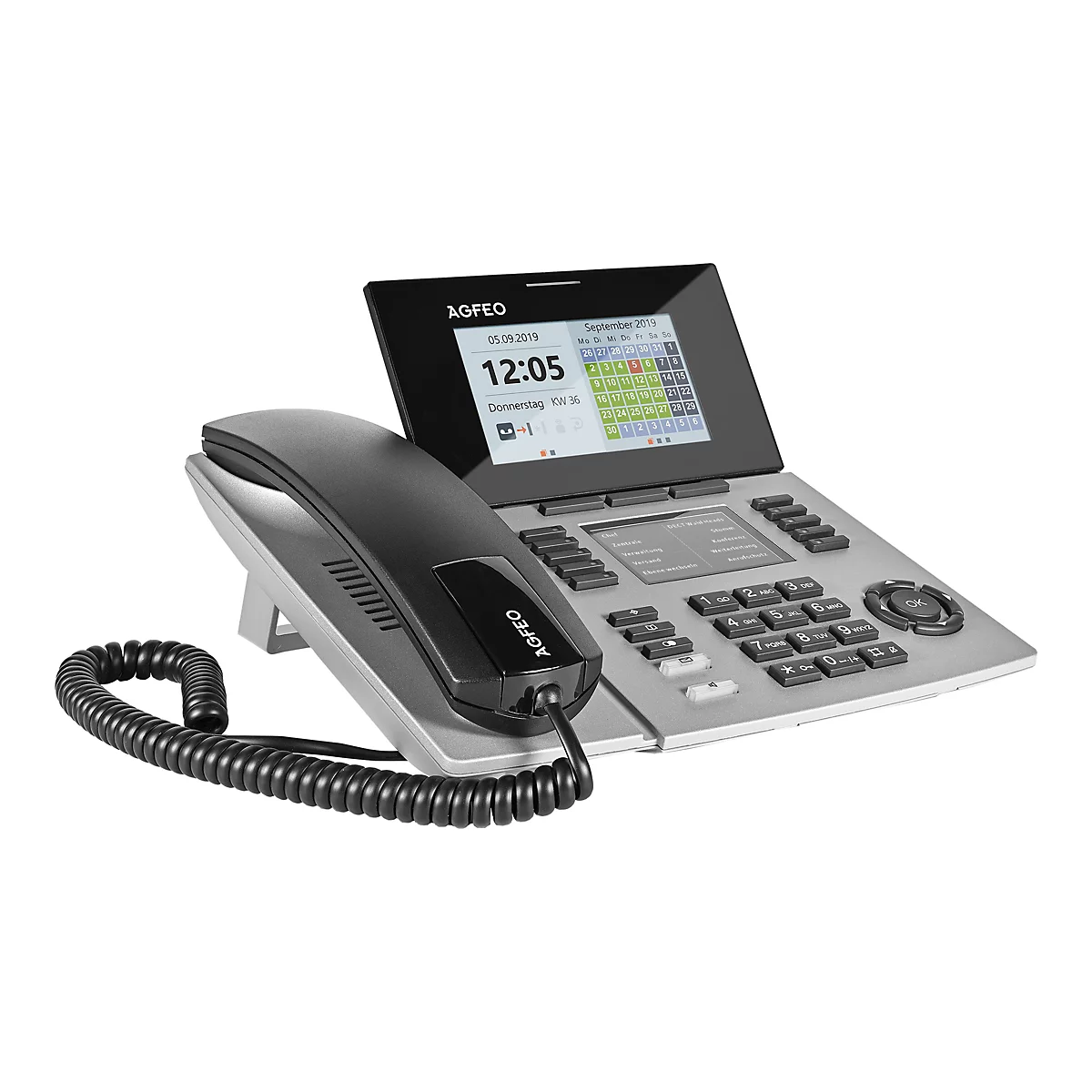 AGFEO IP-Telefon in Silber und Schwarz mit Farbdisplay und Kalenderanzeige vor weißem Hintergrund.