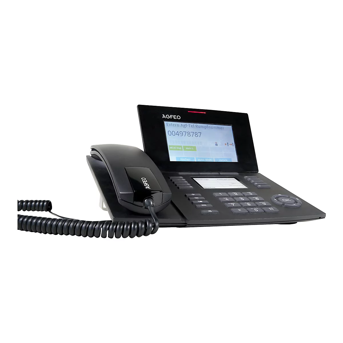 Schwarzes IP-Telefon mit Bildschirm, Tasten und HÃ¶rer, das die Nummer 004978787 anzeigt.