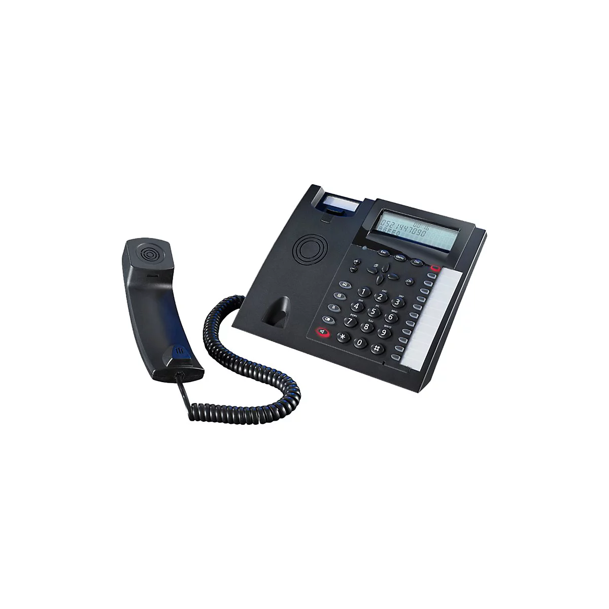 Schwarzes Bürotelefon mit LCD-Display, Ziffernblock, Funktionstasten und abgenommenem Hörer vor weißem Hintergrund.