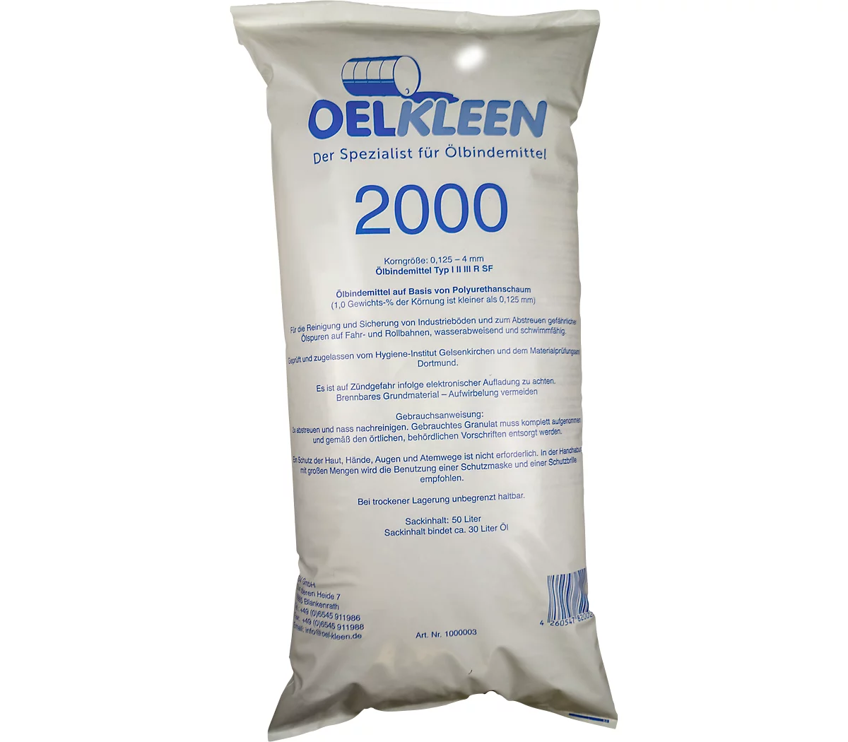 Aglutinante de aceite Oel-Kleen 2000, tipo III R/SF, también para ácidos y álcalis, volumen 50 l, tamaño de pellets 0,125-4 mm, blanco