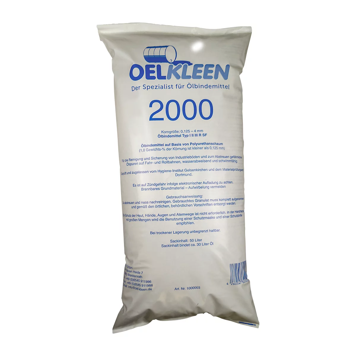 Aglutinante de aceite Oel-Kleen 2000, tipo III R/SF, también para ácidos y álcalis, volumen 50 l, tamaño de pellets 0,125-4 mm, blanco