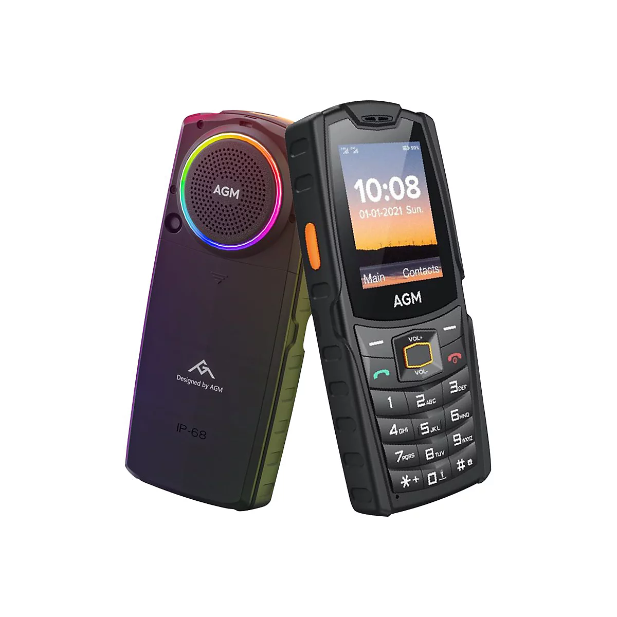 Zwei schwarze Mobiltelefone vor weißem Hintergrund. Eines hat ein LCD-Display, das andere einen Lautsprecher mit Regenbogenbeleuchtung.