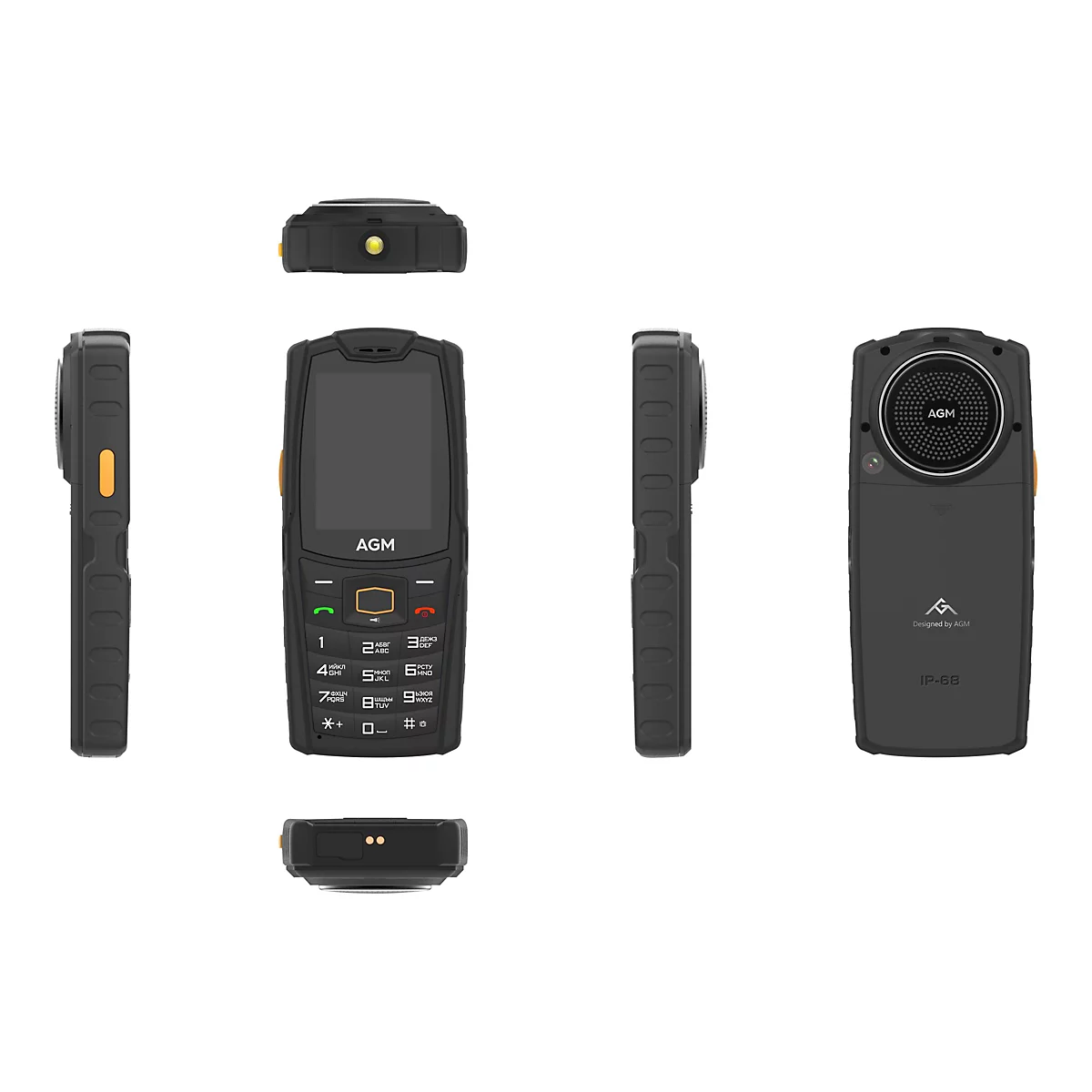 Ein schwarzes Mobiltelefon mit orangefarbenen Akzenten. Es zeigt Ansichten von vorne, von der Seite, von oben und von hinten. Das Telefon hat eine Tastatur und das Logo "AGM".