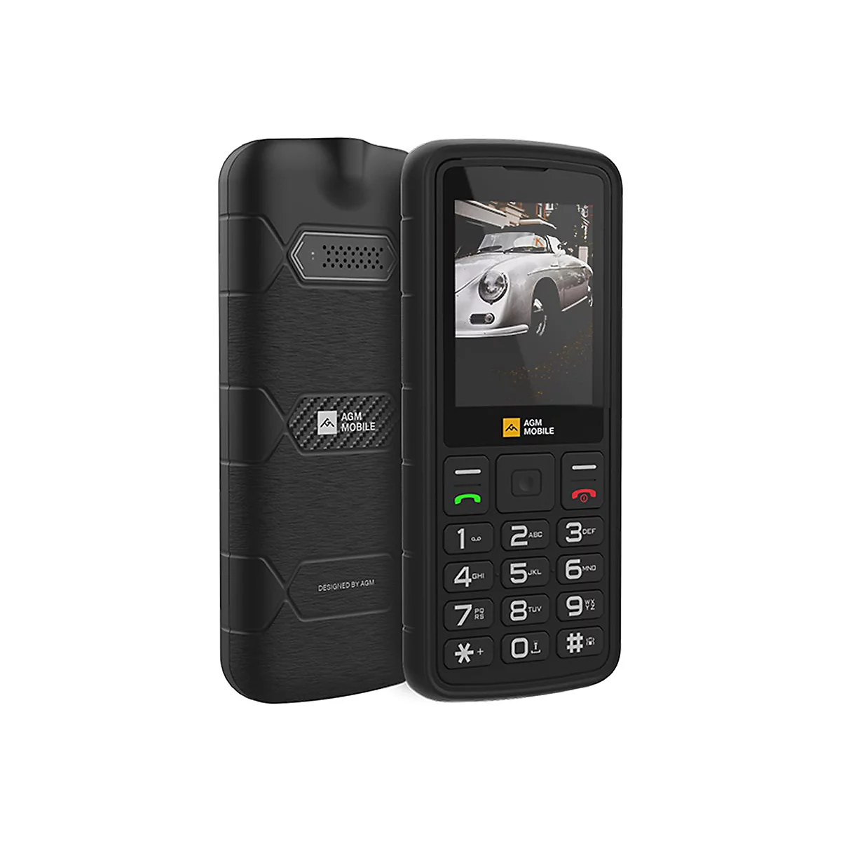 Schwarzes AGM Mobile Mobiltelefon. Auf dem Bildschirm ist ein klassisches Auto abgebildet. Neben dem Telefon liegt die Rückseite.