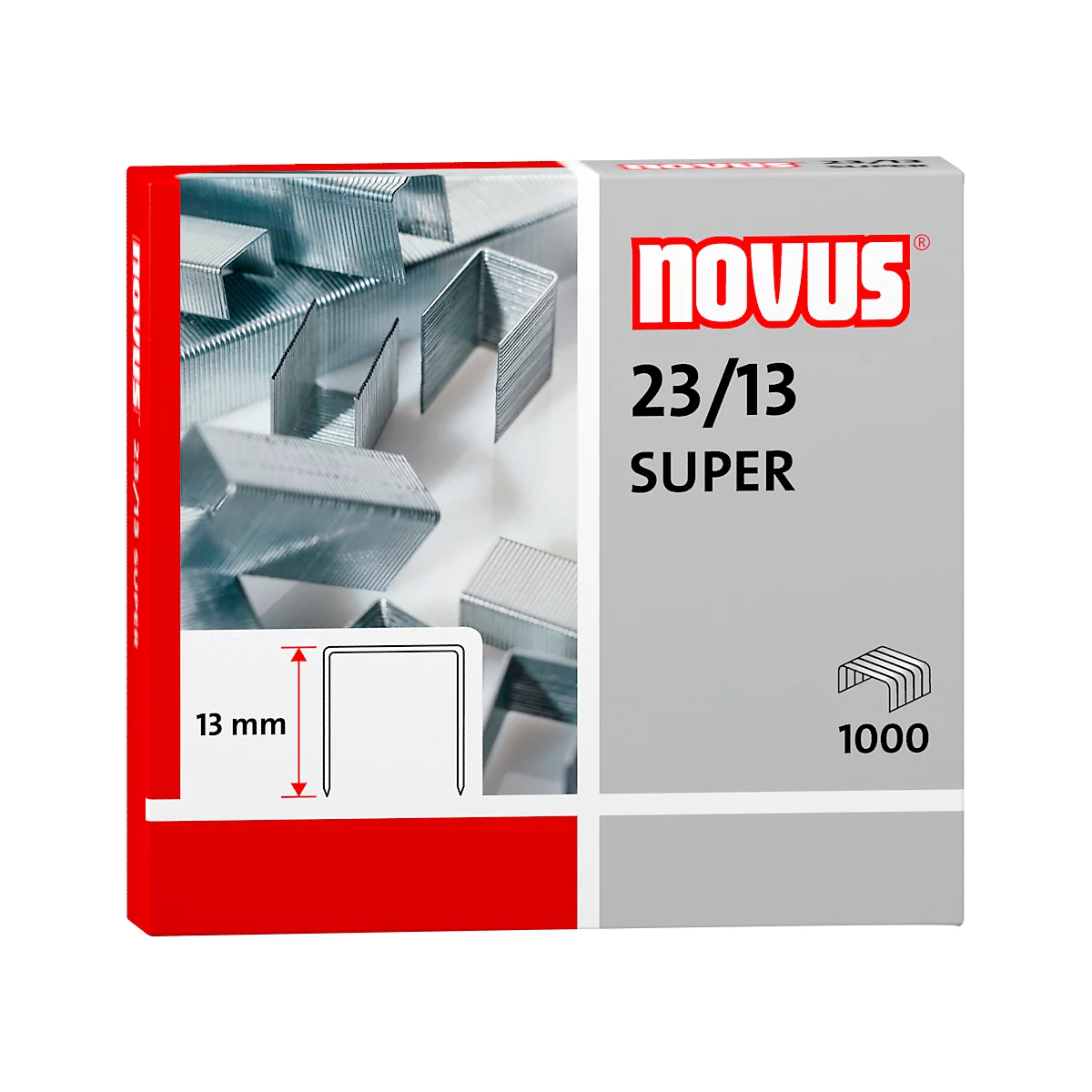 Paquet d'agrafes, couleur argent, avec le logo "Novus" et des détails tels que "23/13 SUPER" et "1000".