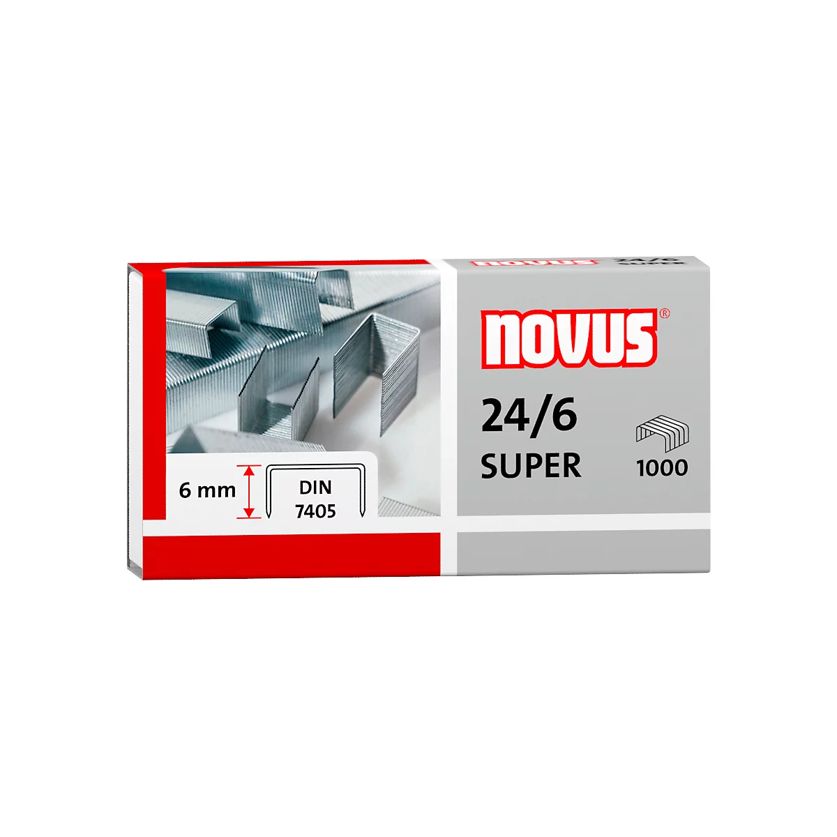 Gros plan sur des agrafes et un paquet avec l'inscription Novus 24/6.