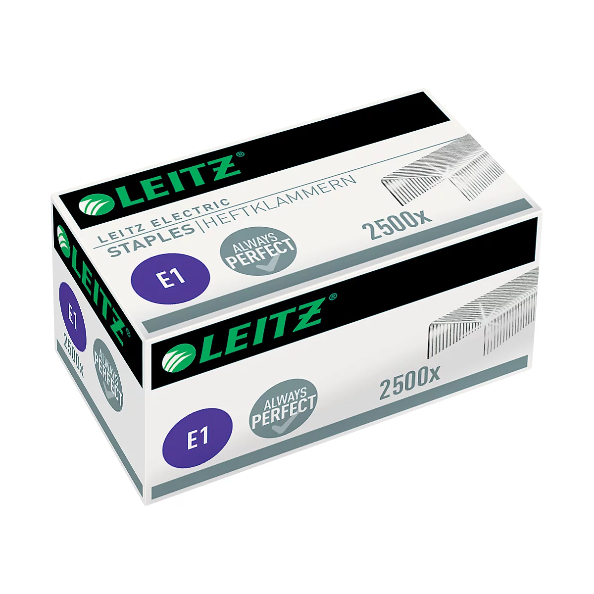 Boîte d'emballage blanche pour agrafes électriques Leitz E1 contenant 2500 pièces.