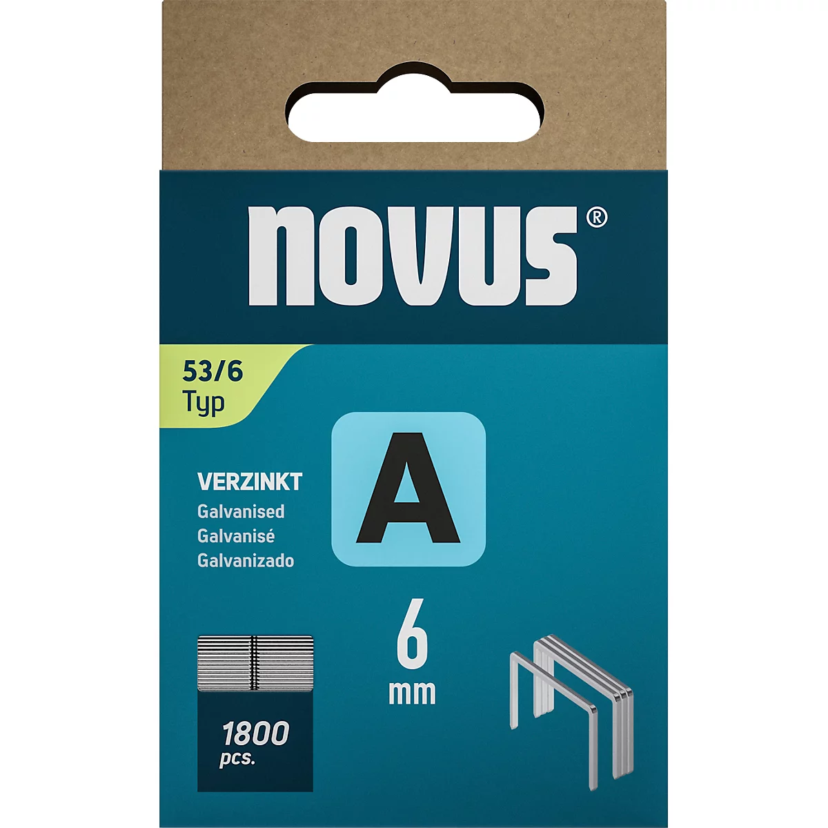 Paquet bleu et blanc d'agrafes, avec 'NOVUS' et informations sur le produit.