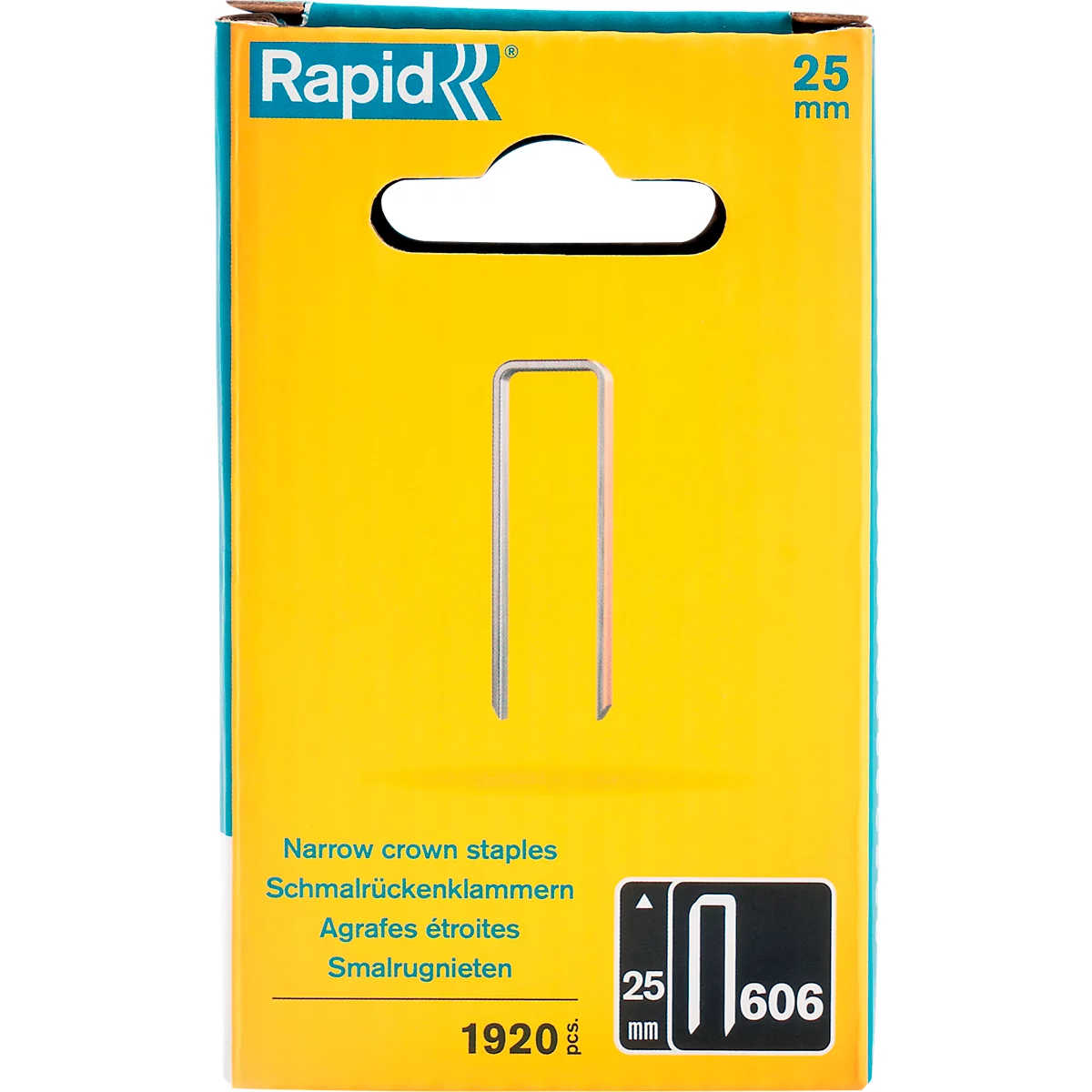Paquet d'agrafes, fond jaune, logo "Rapid". Agrafes au milieu.