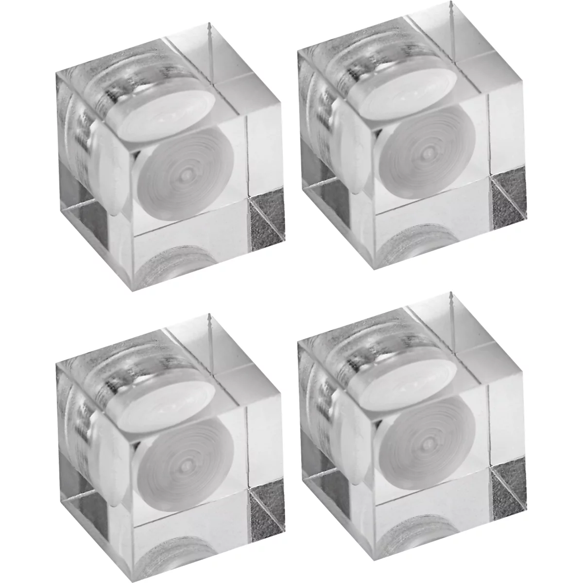 Quatre cubes transparents avec des éléments blancs et ronds à l'intérieur.