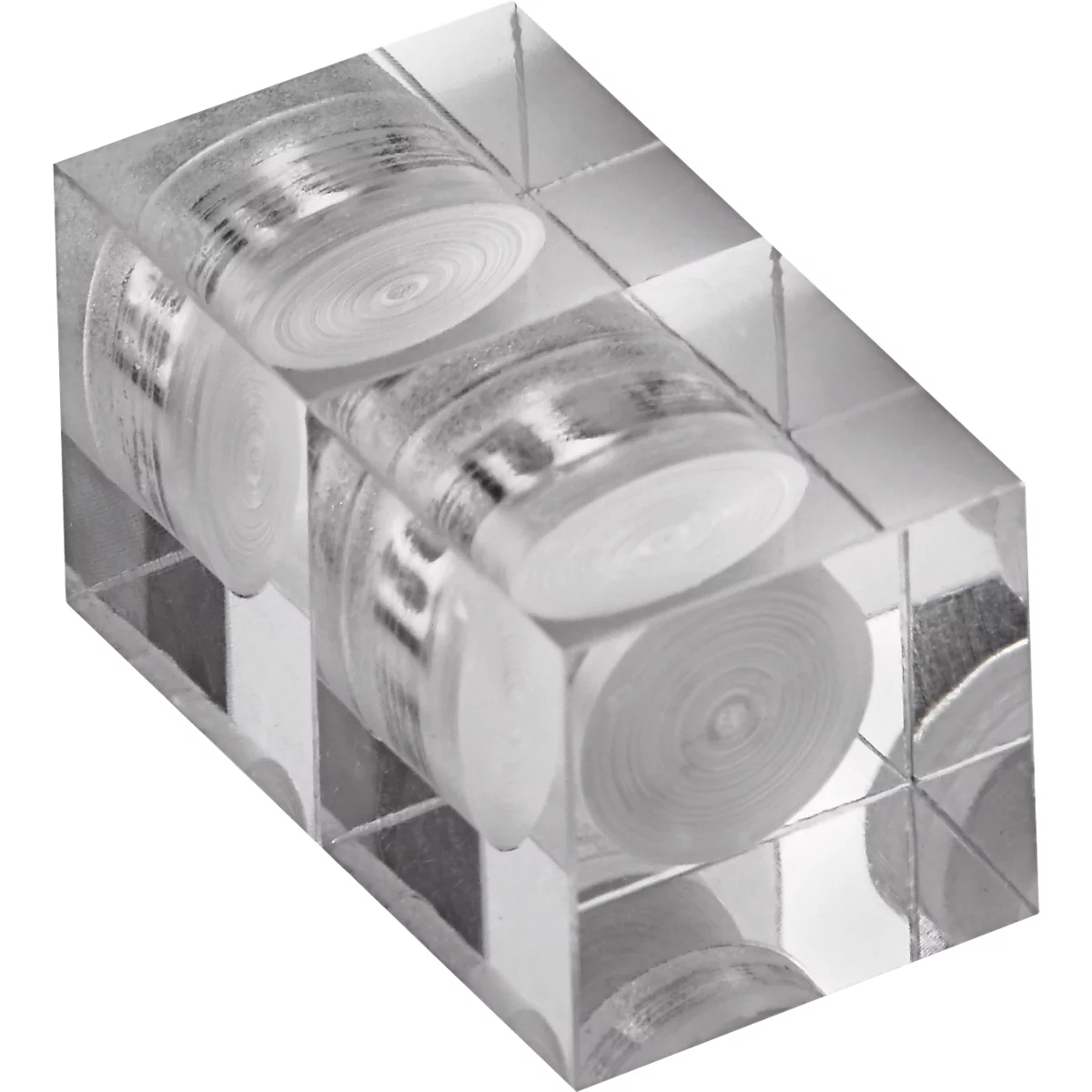 Un bloc rectangulaire transparent avec des rouleaux blancs à l'intérieur, créant un effet de profondeur intéressant.