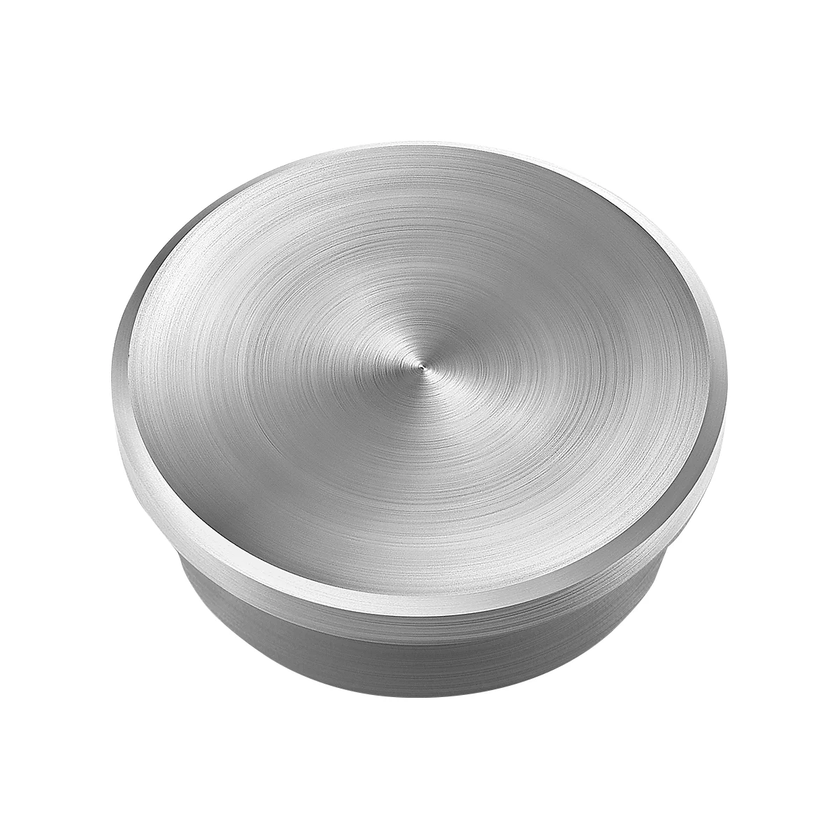 Bouchon rond en métal argenté avec des cercles concentriques et une surface lisse. Le bouchon est légèrement bombé et a un petit bord.