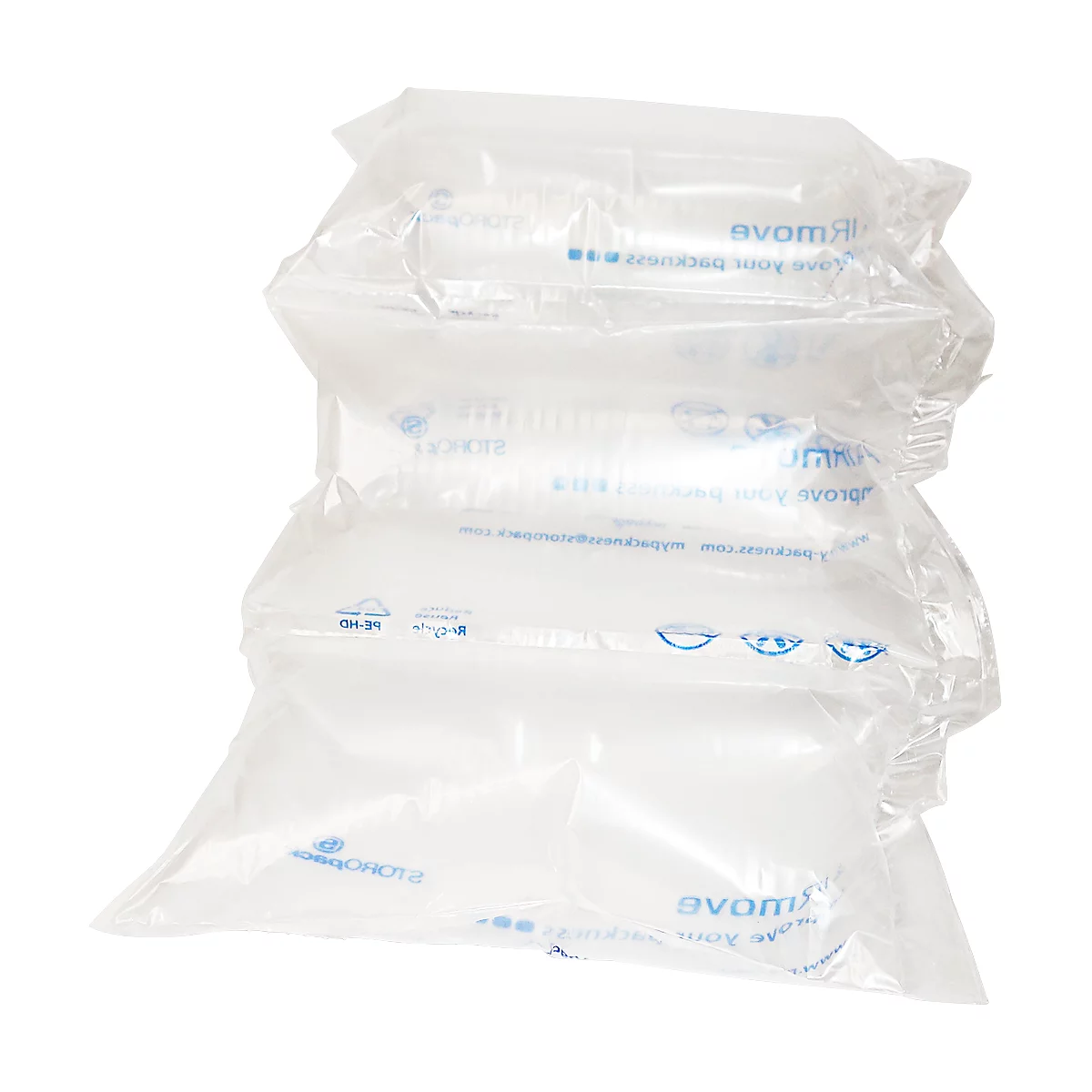 Transparent bubble wrap, stacked. Blue lettering is readable.