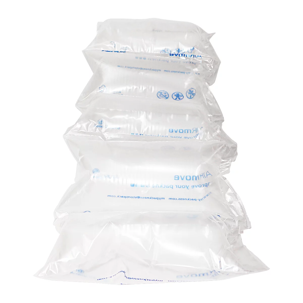 Several transparent air cushion pillows, stacked. Printed blue characters and symbols.