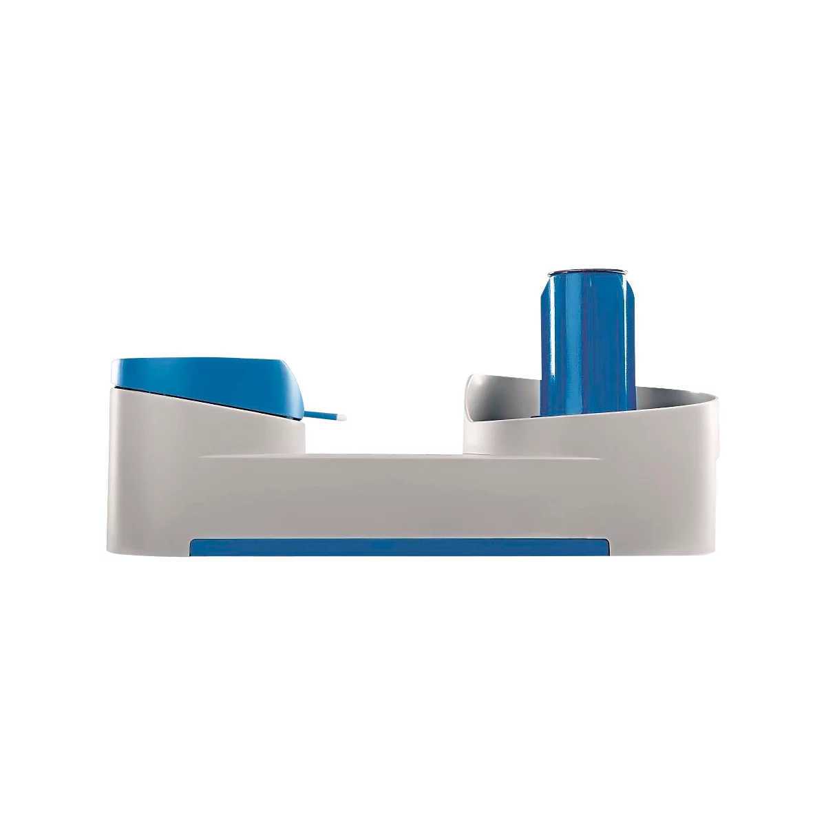 Blue and white beverage holder. One compartment holds a blue can. Another compartment has a blue lid with a spout.