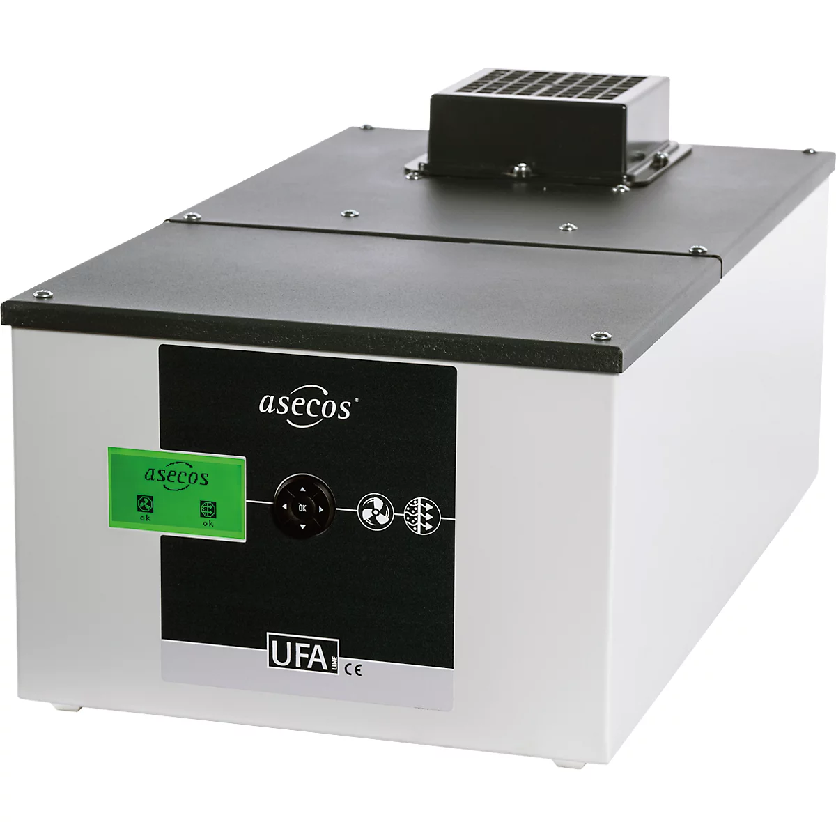 White box with black lid and control panel. 'asecos' logo and green label. A black attachment is on top.