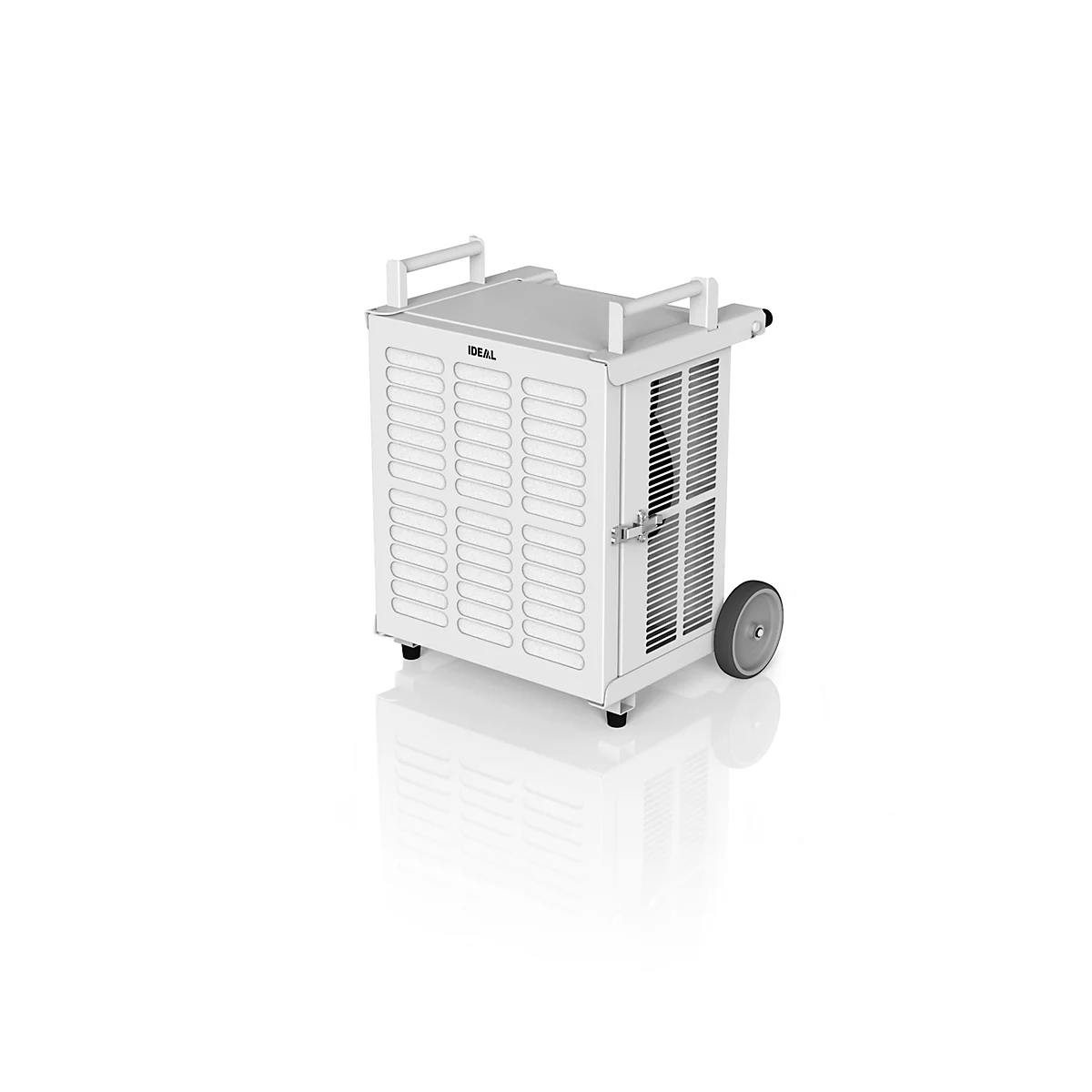 White mobile air purifier with handles and wheels. IDEAL is written on the side.
