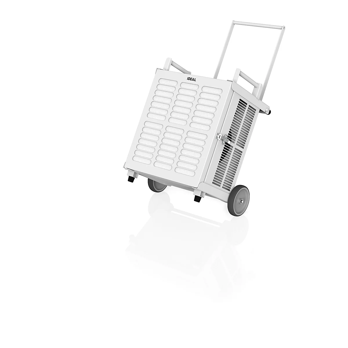 White air purifier on wheels with handle, ventilation slots, and IDEAL lettering.