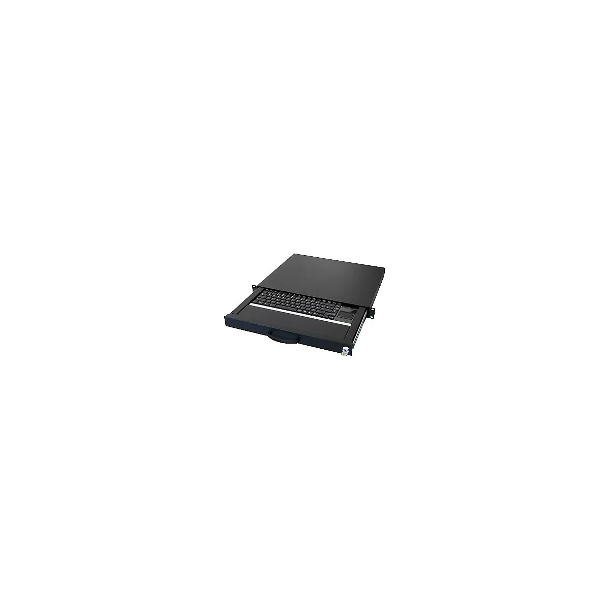 Schwarze 19-Zoll Rack-Tastatur-Schublade mit Touchpad, herausziehbar auf Metallschienen.