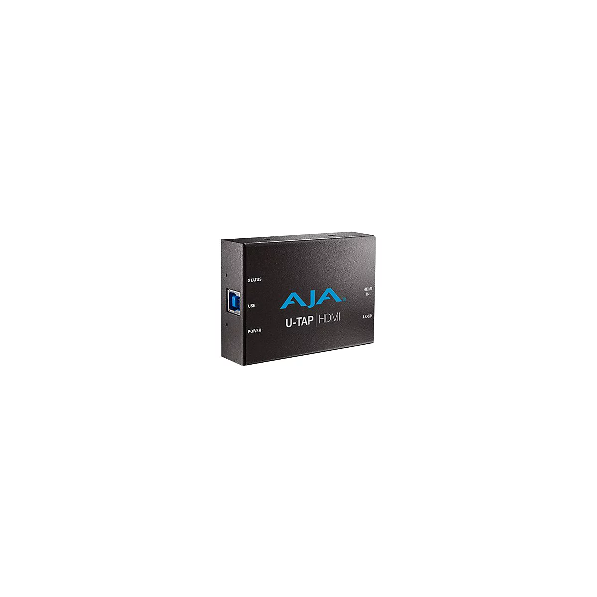 Schwarze AJA U-TAP HDMI Video-Capture-Box mit USB-Anschluss und Beschriftungen vor weißem Hintergrund.