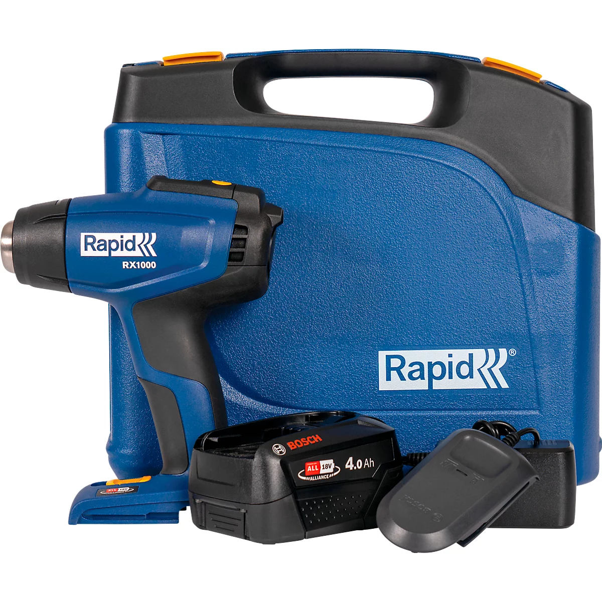 Akku-Heißluftgebläse-Set Rapid RX1000, LCD-Anzeige, Luftmengeneinstellung, bis 550°C, inkl. Bosch Akku