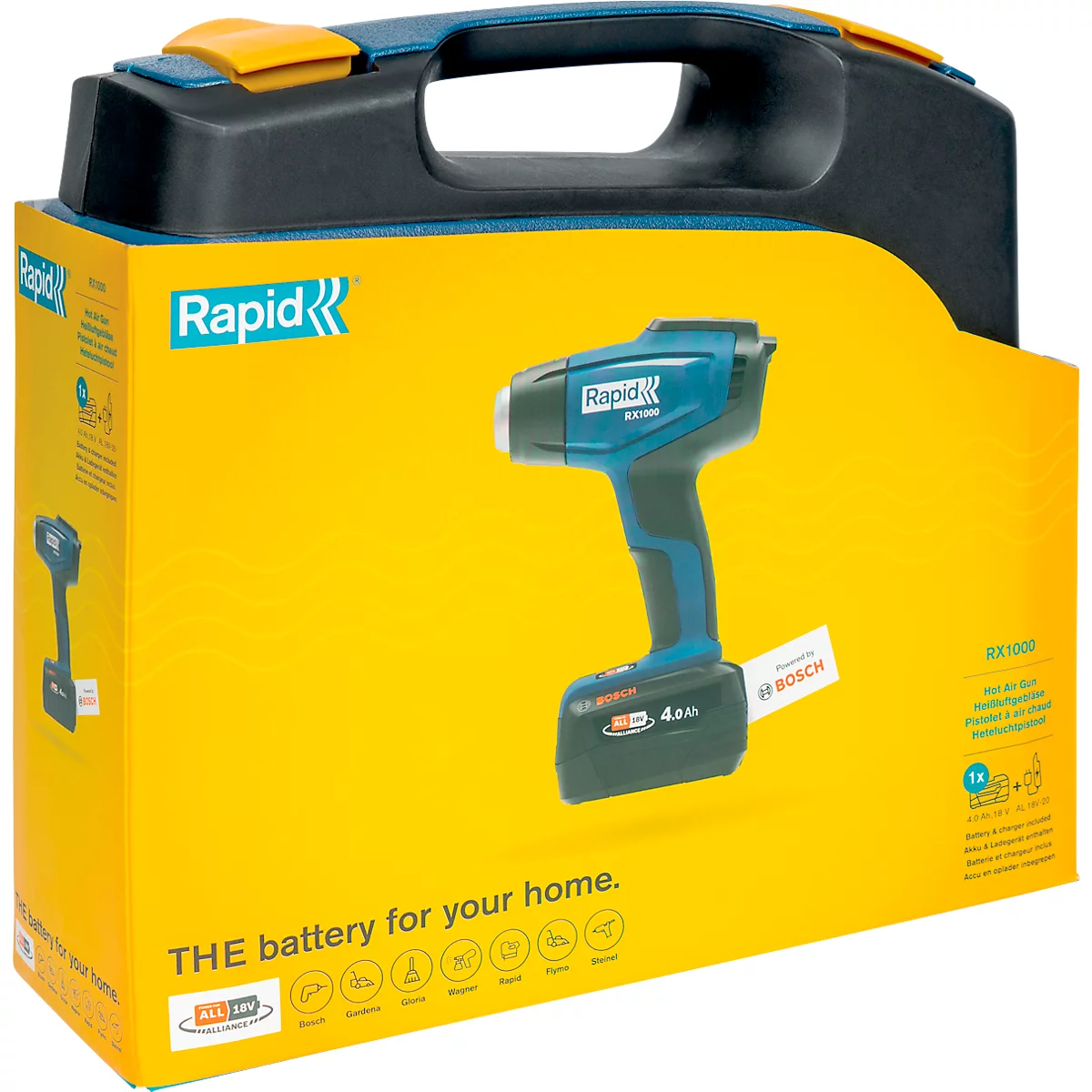 Akku-Heißluftgebläse-Set Rapid RX1000, LCD-Anzeige, Luftmengeneinstellung, bis 550°C, inkl. Bosch Akku