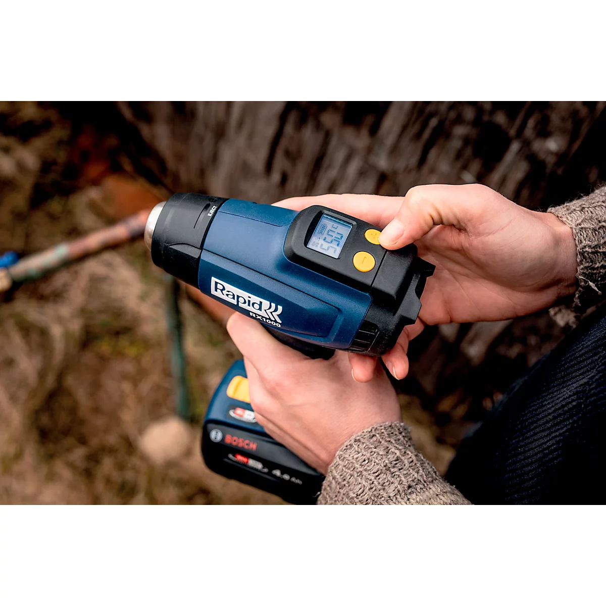 Akku-Heißluftgebläse-Set Rapid RX1000, LCD-Anzeige, Luftmengeneinstellung, bis 550°C, inkl. Bosch Akku