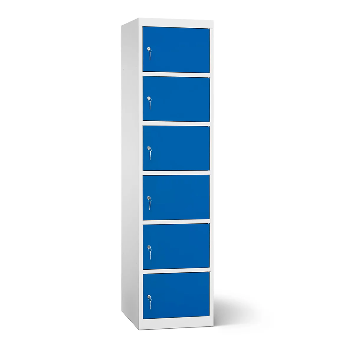 Schrank mit sechs blauen Türen, jede mit einem Schloss und Griff. Der Schrank steht vor weissem Hintergrund.