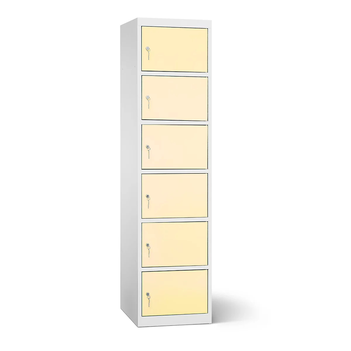 Ein hoher, weisser Schrank mit sechs gelben Türen und Schlössern. Schattenwurf.