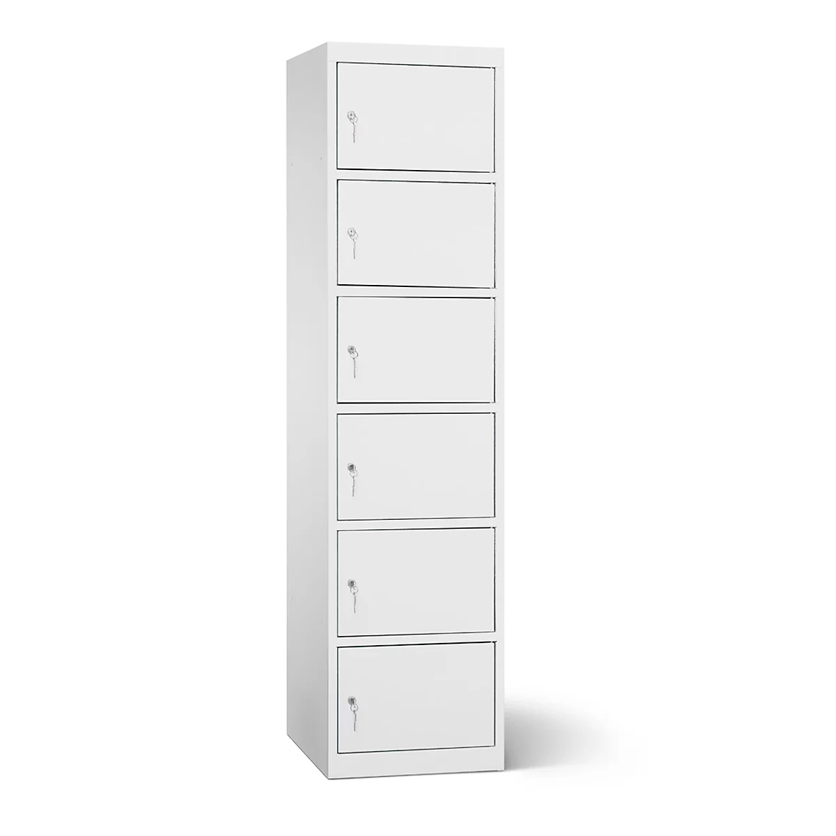 Weisser Schrank mit sechs Fächern und Schlüsseln.