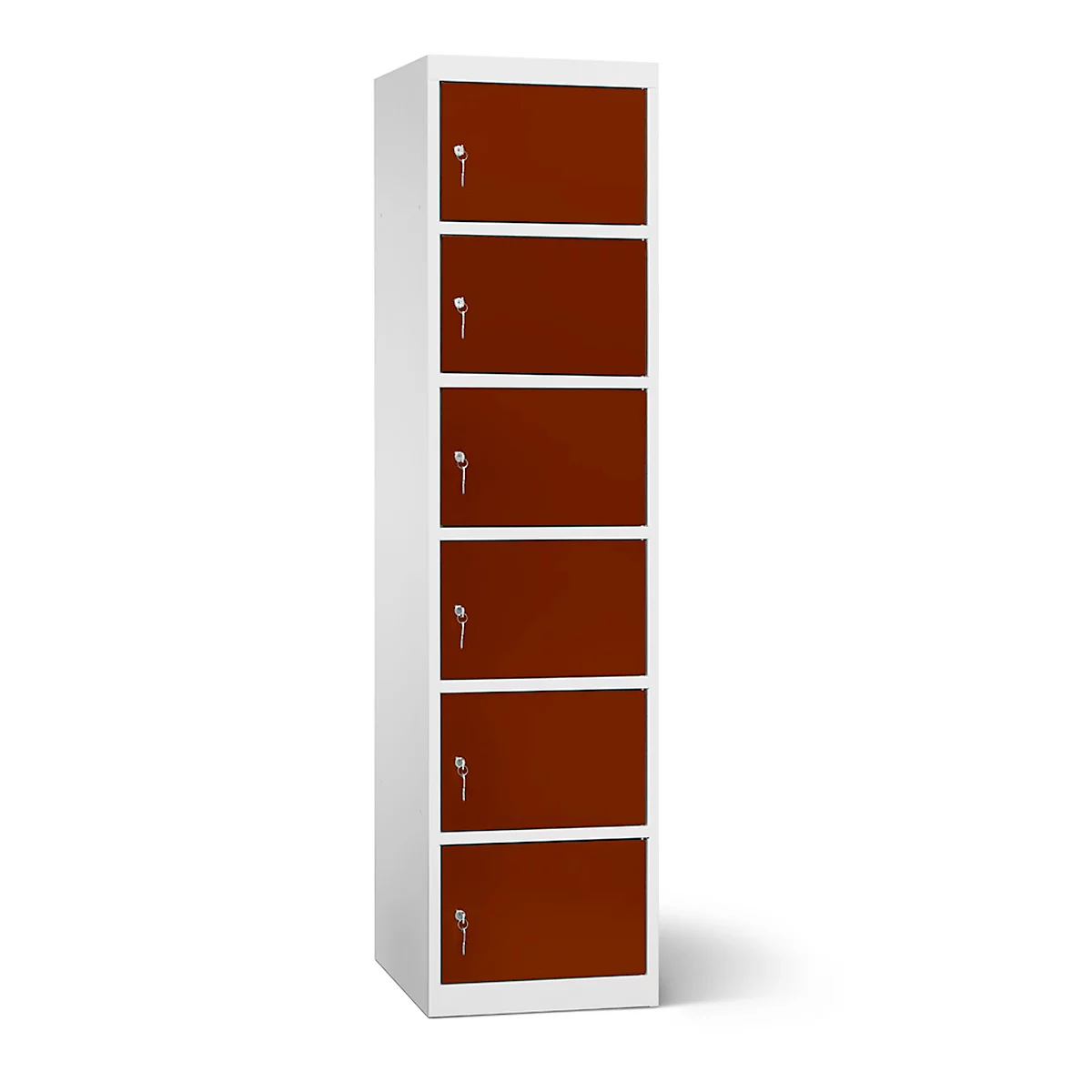 Ein hoher, weisser Spind mit sechs braunen Türen, jeweils mit einem silbernen Schloss.