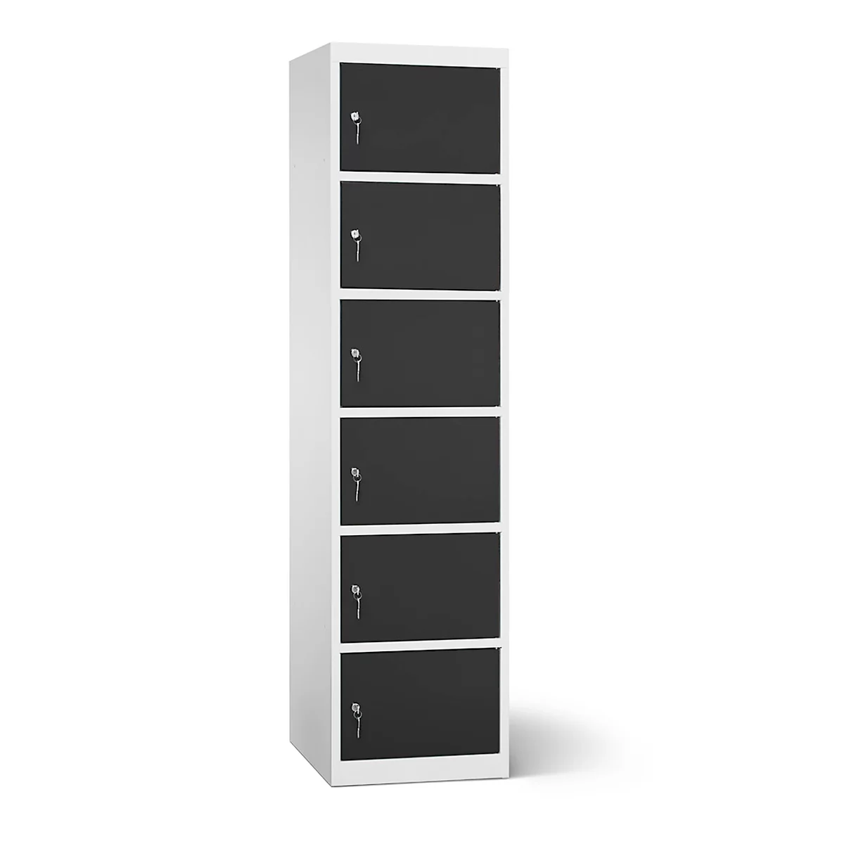 Ein hoher Schrank, weiss mit sechs schwarzen Türen. Jede Tür hat ein Schlüsselloch.