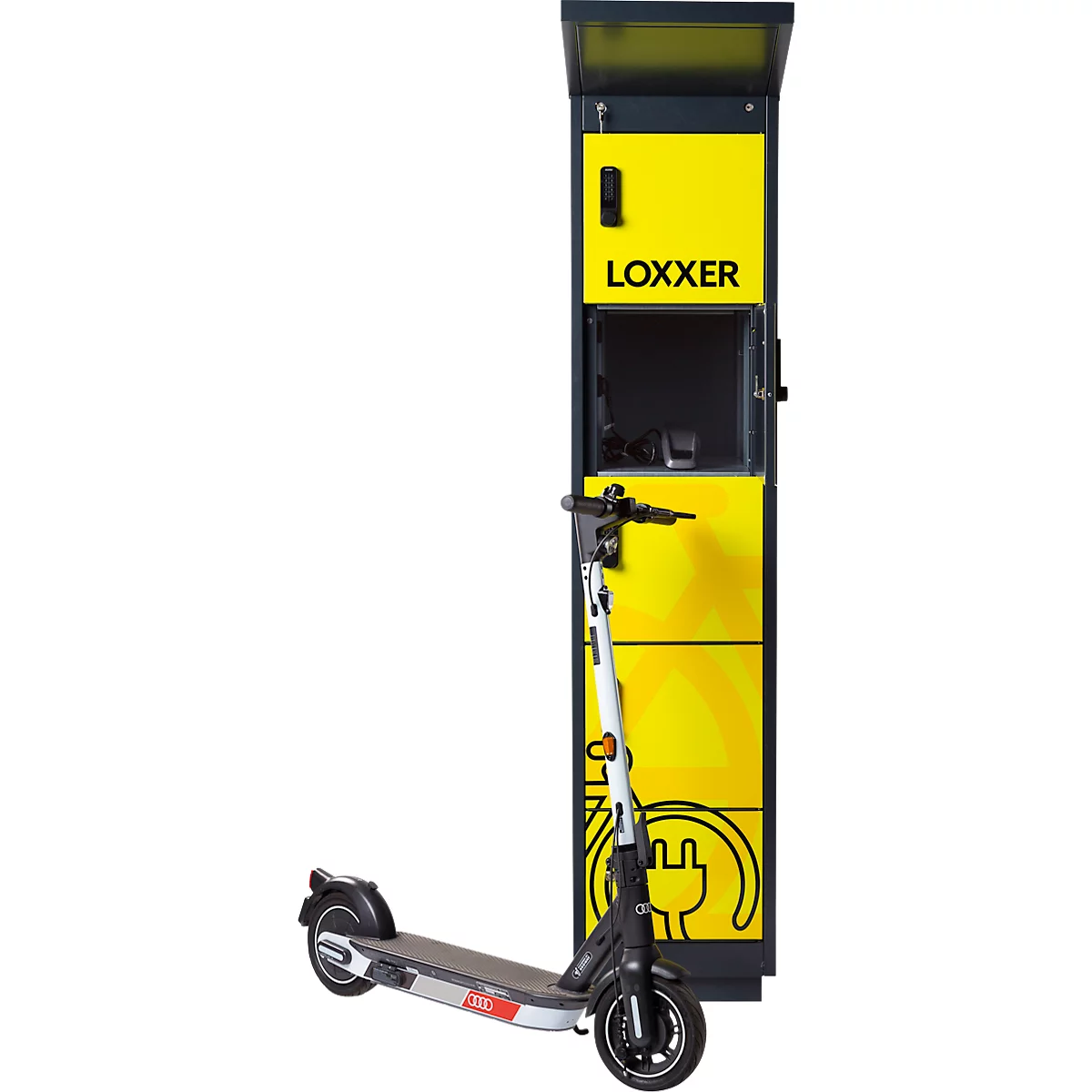 Elektroroller neben einer gelben Ladestation mit "LOXXER" Schriftzug.