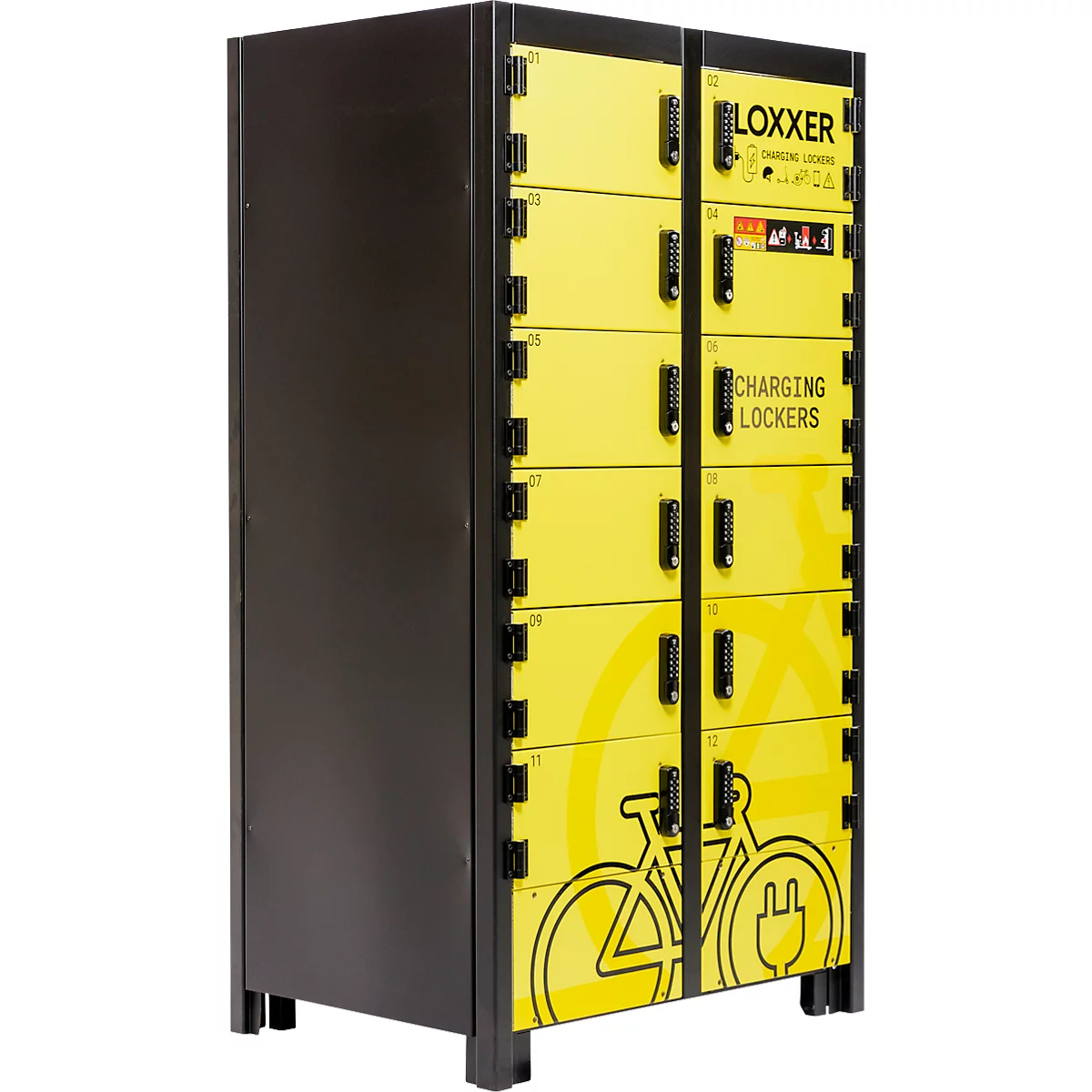 Gelbe Schliessfächer mit Zahlenschlössern. Aufschrift: Loxxer Charging Lockers. Fahrradsymbol mit Stecker.