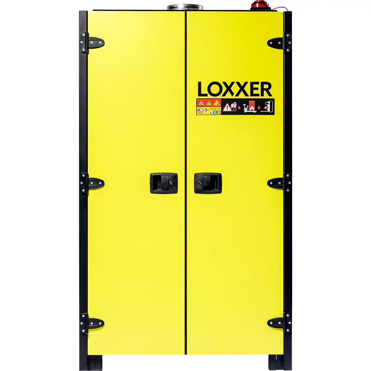 Gelber Schrank mit schwarzen Scharnieren und Griffen. Der Schriftzug "LOXXER" und Warnhinweise sind zu sehen.