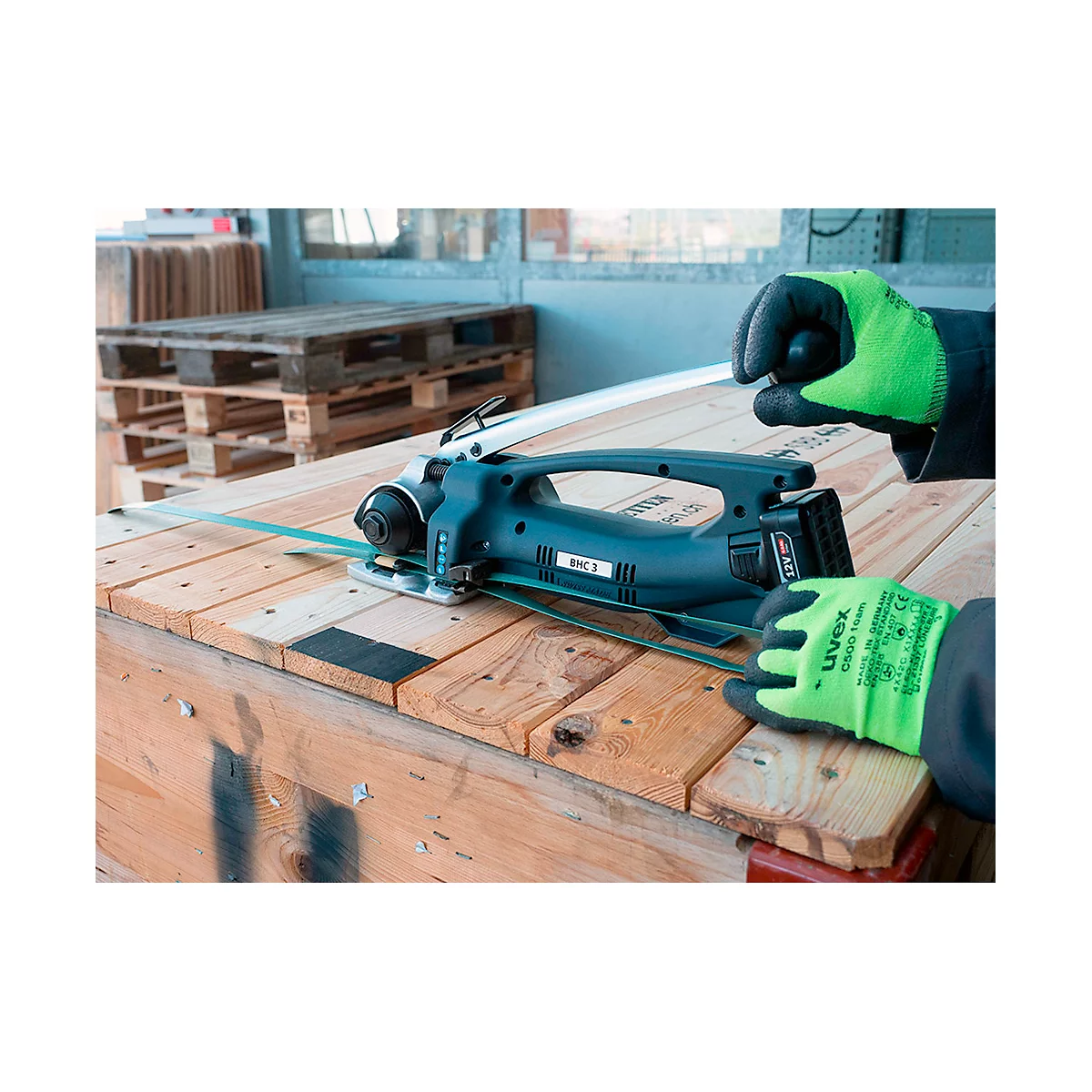 Akku Umreifungsgerät BHC-3, für PE-& PET-Bänder mit B 9-19 mm & Stärke 0,5-1,0 mm, Zugkraft 2300 N, integrierte Schneideeinheit, LED-Anzeige, schwarz
