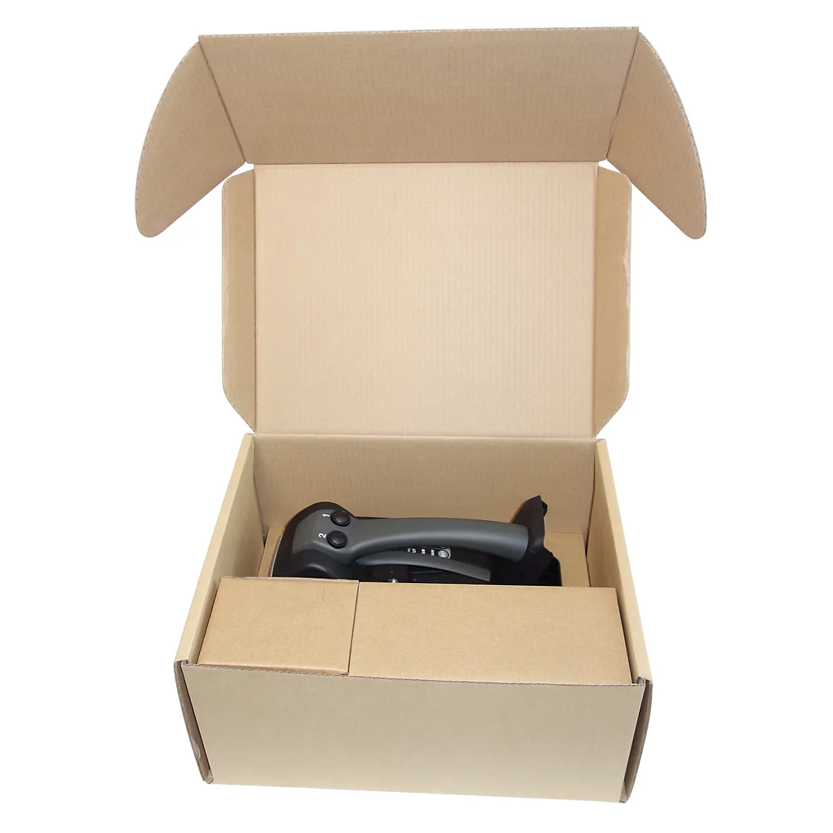 Ein Barcodescanner liegt sicher verpackt in einem geöffneten Karton aus brauner Wellpappe.