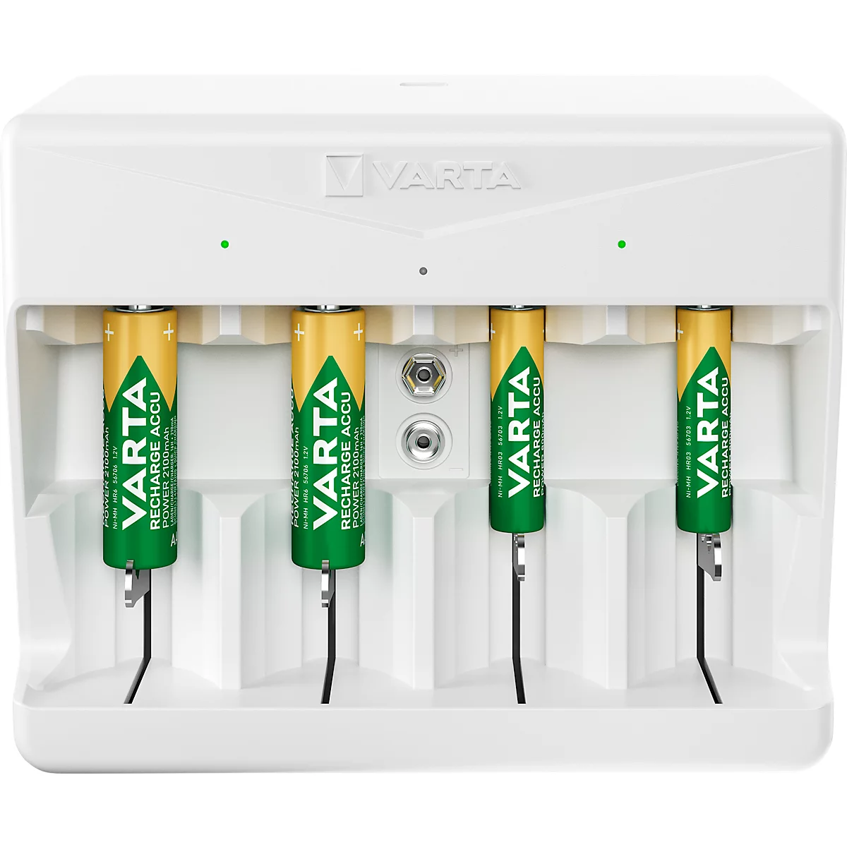 Akkuladegerät für Batterien, 2x o. 4x AA/AAA/C/D & 1x 9V, Ladezeit 4,5 h, USB-C (inkl. Kabel), 100-240 V, B 154 x T 49 x H 129 mm, weiß