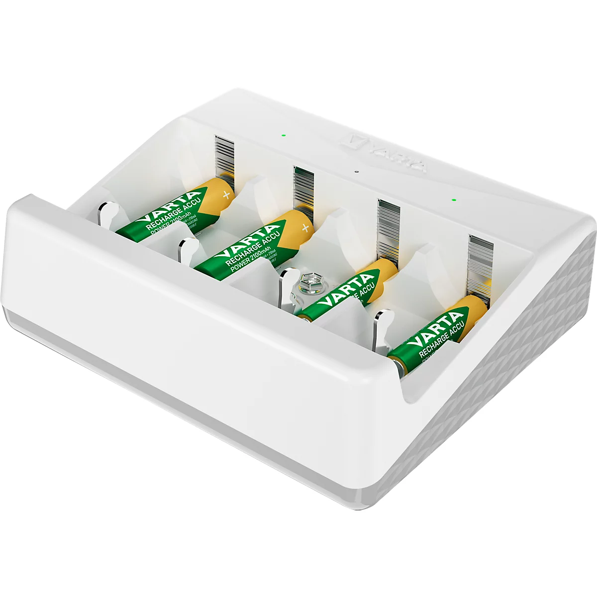 Akkuladegerät für Batterien, 2x o. 4x AA/AAA/C/D & 1x 9V, Ladezeit 4,5 h, USB-C (inkl. Kabel), 100-240 V, B 154 x T 49 x H 129 mm, weiß
