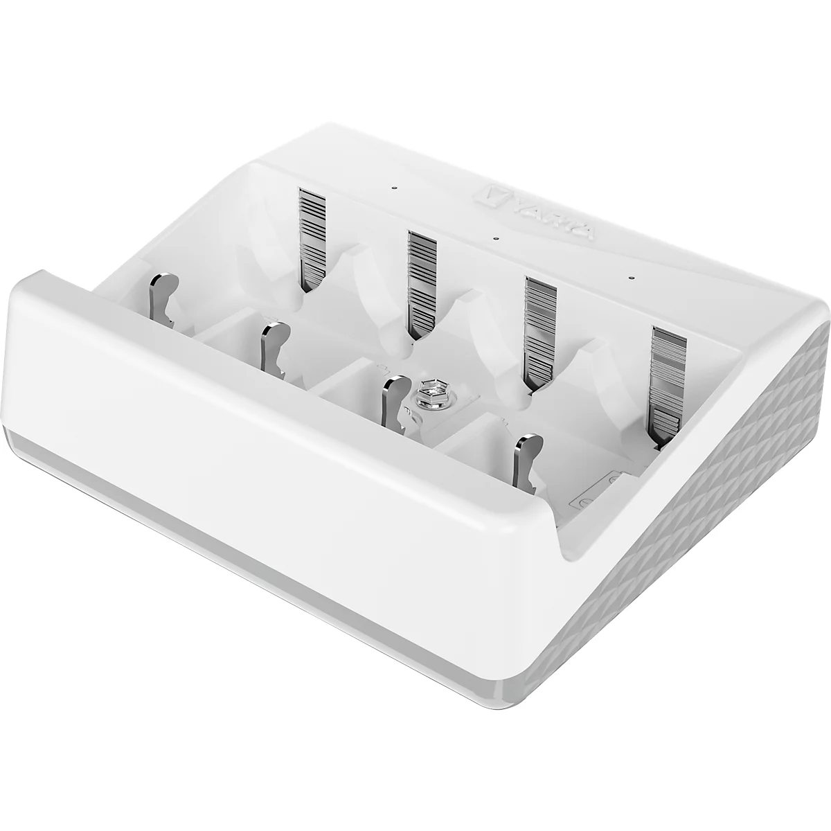 Akkuladegerät für Batterien, 2x o. 4x AA/AAA/C/D & 1x 9V, Ladezeit 4,5 h, USB-C (inkl. Kabel), 100-240 V, B 154 x T 49 x H 129 mm, weiß