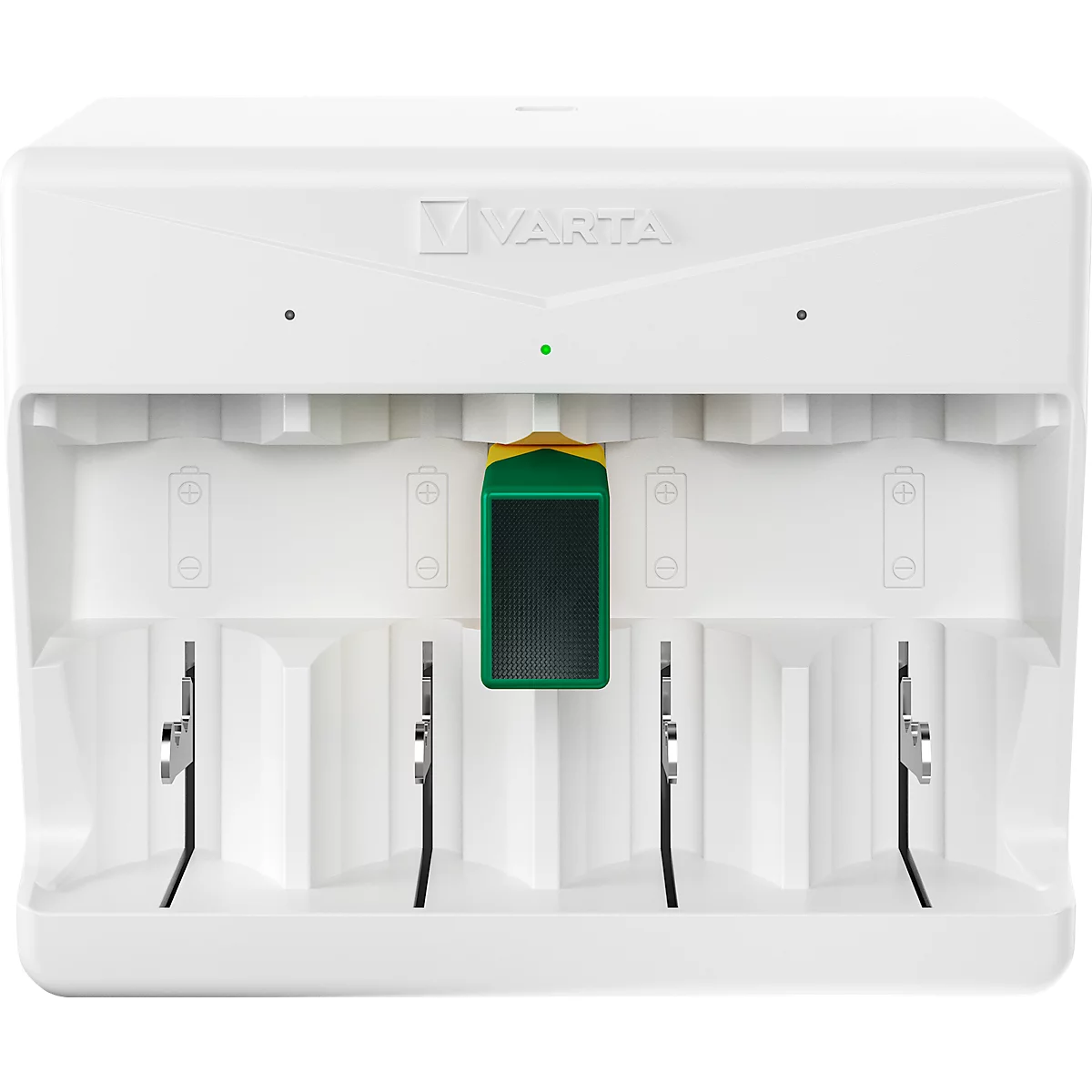 Akkuladegerät für Batterien, 2x o. 4x AA/AAA/C/D & 1x 9V, Ladezeit 4,5 h, USB-C (inkl. Kabel), 100-240 V, B 154 x T 49 x H 129 mm, weiß