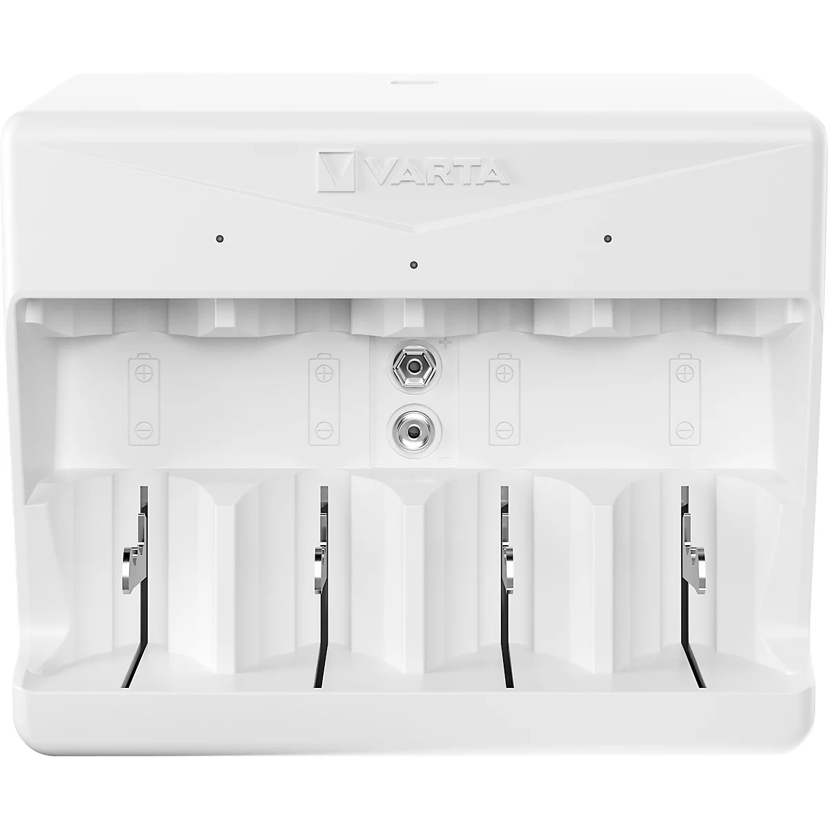 Akkuladegerät für Batterien, 2x o. 4x AA/AAA/C/D & 1x 9V, Ladezeit 4,5 h, USB-C (inkl. Kabel), 100-240 V, B 154 x T 49 x H 129 mm, weiß